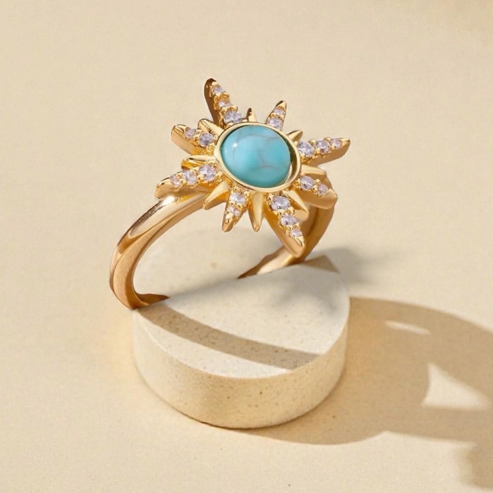 Gold Sunburst Ring with Turquoise & Crystals